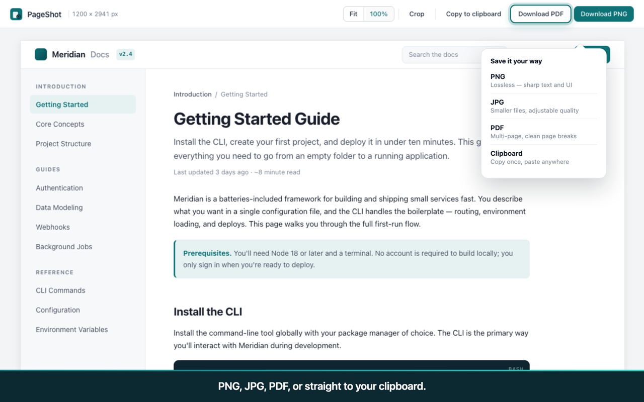 Shotfold export options: PNG, JPG, PDF, and copy to clipboard